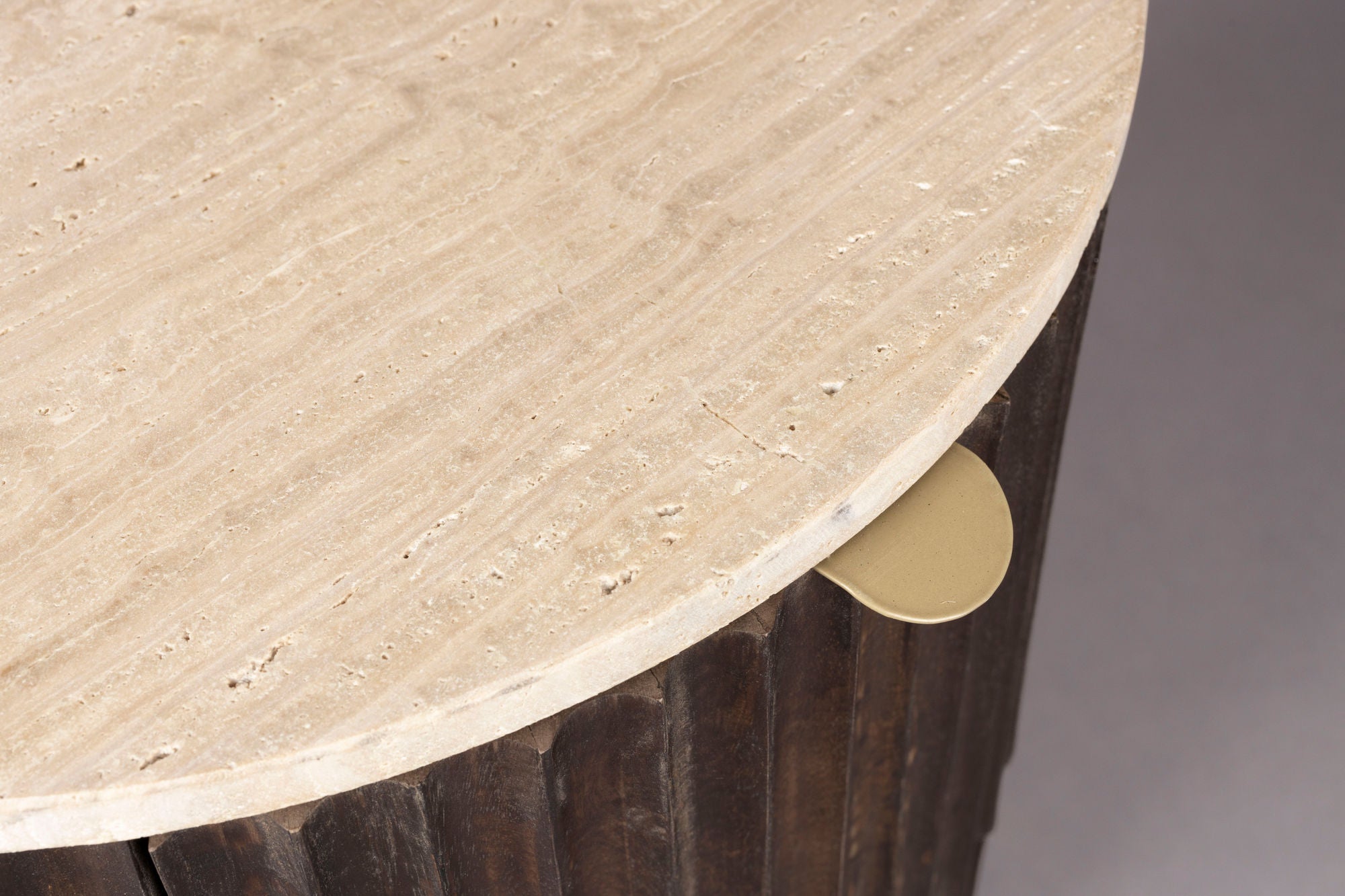 Dutchbone Marlow Ribbed Mango Wood & Travertine Marble Side Table/Bedside Table